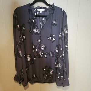 Elegant Floral Ruffle Blouse in Charcoal
